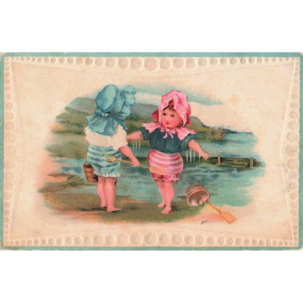 Antique Victorian Trade Card Children at Beach J. W. Guy Music Teacher Wampum PA - Picture 1 of 2